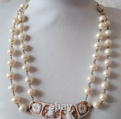 Ancien Collier Veritable Camée Ange 2 Rangs Vrai Perles / Vermeil # K21