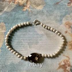 Ancien Elegant Bracelet En Perle Grise Veritable, Argent Massif Et Topaze Fumée