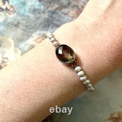 Ancien Elegant Bracelet En Perle Grise Veritable, Argent Massif Et Topaze Fumée