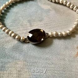 Ancien Elegant Bracelet En Perle Grise Veritable, Argent Massif Et Topaze Fumée