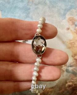 Ancien Elegant Bracelet En Perle Grise Veritable, Argent Massif Et Topaze Fumée