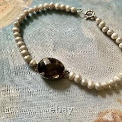 Ancien Elegant Bracelet En Perle Grise Veritable, Argent Massif Et Topaze Fumée