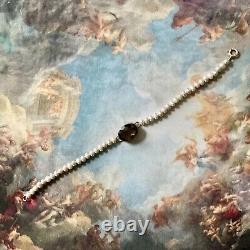 Ancien Elegant Bracelet En Perle Grise Veritable, Argent Massif Et Topaze Fumée