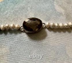 Ancien Elegant Bracelet En Perle Grise Veritable, Argent Massif Et Topaze Fumée