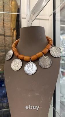 Ancien Grand Collier Berbere Kabyle Argent Massif & Ambre Piece Thaler 1780