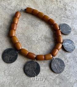 Ancien Grand Collier Berbere Kabyle Argent Massif & Ambre Piece Thaler 1780