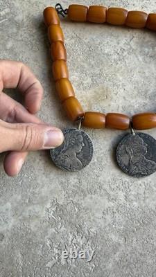 Ancien Grand Collier Berbere Kabyle Argent Massif & Ambre Piece Thaler 1780