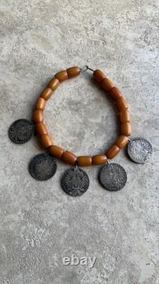 Ancien Grand Collier Berbere Kabyle Argent Massif & Ambre Piece Thaler 1780