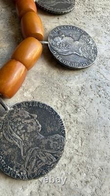 Ancien Grand Collier Berbere Kabyle Argent Massif & Ambre Piece Thaler 1780