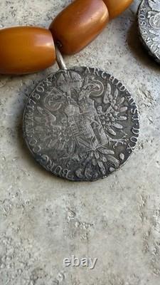 Ancien Grand Collier Berbere Kabyle Argent Massif & Ambre Piece Thaler 1780