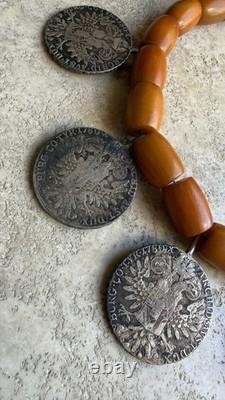 Ancien Grand Collier Berbere Kabyle Argent Massif & Ambre Piece Thaler 1780