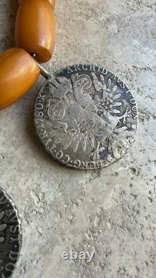Ancien Grand Collier Berbere Kabyle Argent Massif & Ambre Piece Thaler 1780