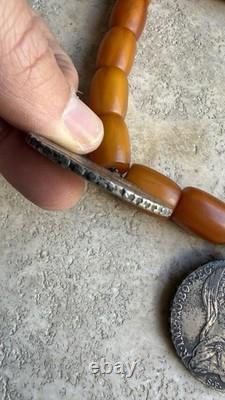 Ancien Grand Collier Berbere Kabyle Argent Massif & Ambre Piece Thaler 1780