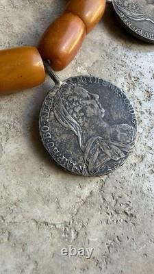 Ancien Grand Collier Berbere Kabyle Argent Massif & Ambre Piece Thaler 1780