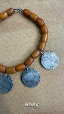 Ancien Grand Collier Berbere Kabyle Argent Massif & Ambre Piece Thaler 1780