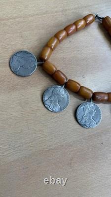 Ancien Grand Collier Berbere Kabyle Argent Massif & Ambre Piece Thaler 1780