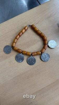 Ancien Grand Collier Berbere Kabyle Argent Massif & Ambre Piece Thaler 1780