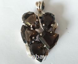 Ancien Grand Pendentif Argent Massif Quartz Fumé 925