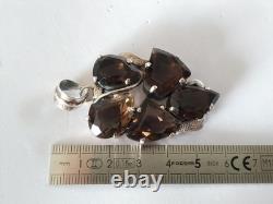 Ancien Grand Pendentif Argent Massif Quartz Fumé 925