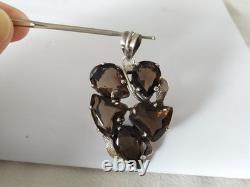 Ancien Grand Pendentif Argent Massif Quartz Fumé 925