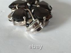 Ancien Grand Pendentif Argent Massif Quartz Fumé 925