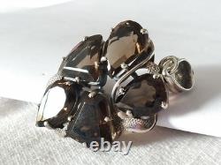 Ancien Grand Pendentif Argent Massif Quartz Fumé 925