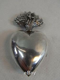 Ancien Gros Coeur De Marie Reliquaire Ex-voto Argent Massif Reliquary Silver