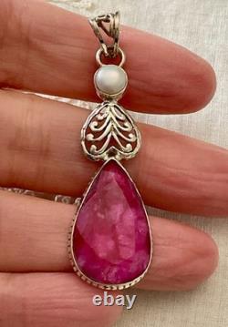 Ancien Pendentif Argent Massif Véritable Énorme Rubis Perle Art Déco