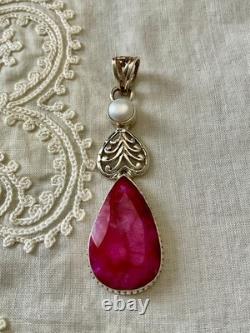 Ancien Pendentif Argent Massif Véritable Énorme Rubis Perle Art Déco