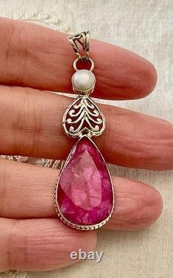 Ancien Pendentif Argent Massif Véritable Énorme Rubis Perle Art Déco