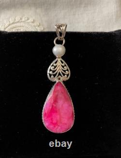 Ancien Pendentif Argent Massif Véritable Énorme Rubis Perle Art Déco