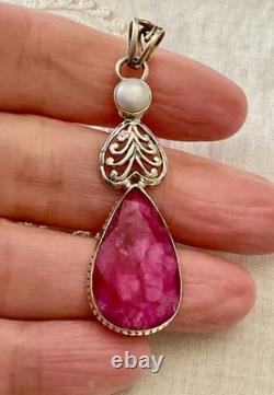 Ancien Pendentif Argent Massif Véritable Énorme Rubis Perle Art Déco