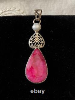 Ancien Pendentif Argent Massif Véritable Énorme Rubis Perle Art Déco