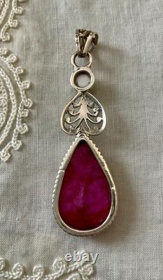 Ancien Pendentif Argent Massif Véritable Énorme Rubis Perle Art Déco