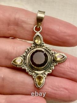 Ancien Pendentif Createur Argent Massif Topaze Fumée Et 4 Citrines Véritables