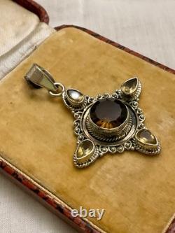 Ancien Pendentif Createur Argent Massif Topaze Fumée Et 4 Citrines Véritables