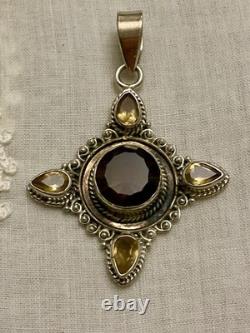 Ancien Pendentif Createur Argent Massif Topaze Fumée Et 4 Citrines Véritables
