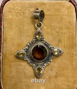 Ancien Pendentif Createur Argent Massif Topaze Fumée Et 4 Citrines Véritables