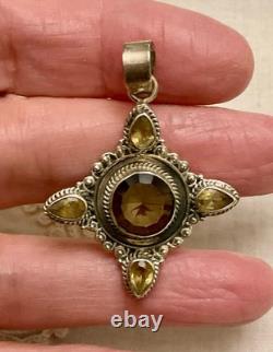 Ancien Pendentif Createur Argent Massif Topaze Fumée Et 4 Citrines Véritables