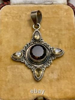 Ancien Pendentif Createur Argent Massif Topaze Fumée Et 4 Citrines Véritables