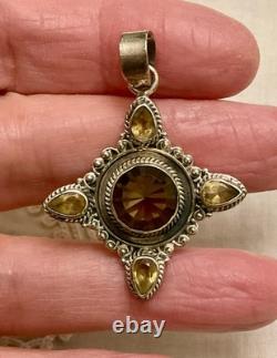 Ancien Pendentif Createur Argent Massif Topaze Fumée Et 4 Citrines Véritables
