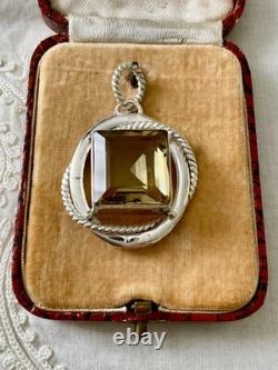 Ancien Pendentif Createur Argent Massif Très Ouvragé Énorme Citrine Véritable
