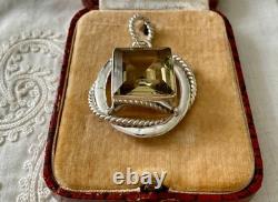 Ancien Pendentif Createur Argent Massif Très Ouvragé Énorme Citrine Véritable