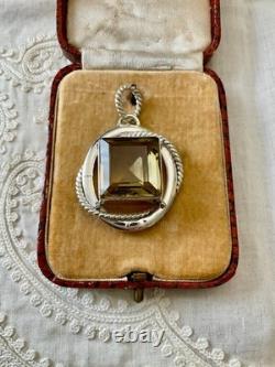 Ancien Pendentif Createur Argent Massif Très Ouvragé Énorme Citrine Véritable