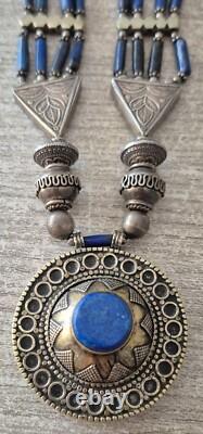 Ancien bijoux collier Lapis Lazuli Afghan en argent massif