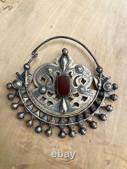 Ancien bijoux pendentif argent massif cornaline Russe orientale Turkmen ethnique