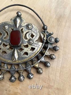 Ancien bijoux pendentif argent massif cornaline Russe orientale Turkmen ethnique