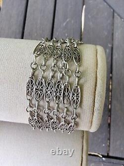 Ancien bracelet 6 rangs mailles olive filigranes argent massif