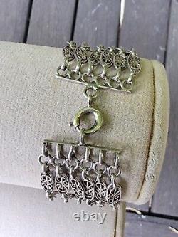 Ancien bracelet 6 rangs mailles olive filigranes argent massif