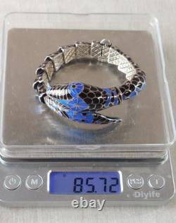 Ancien bracelet forme serpent articulé, en argent massif et émail cloisonné